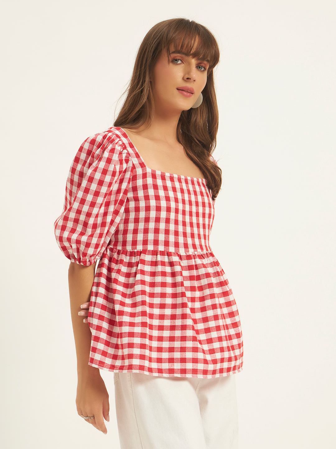 Women Red & White Checks Square Neck Top
