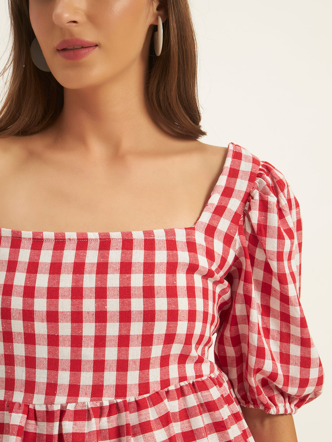 Women Red & White Checks Square Neck Top