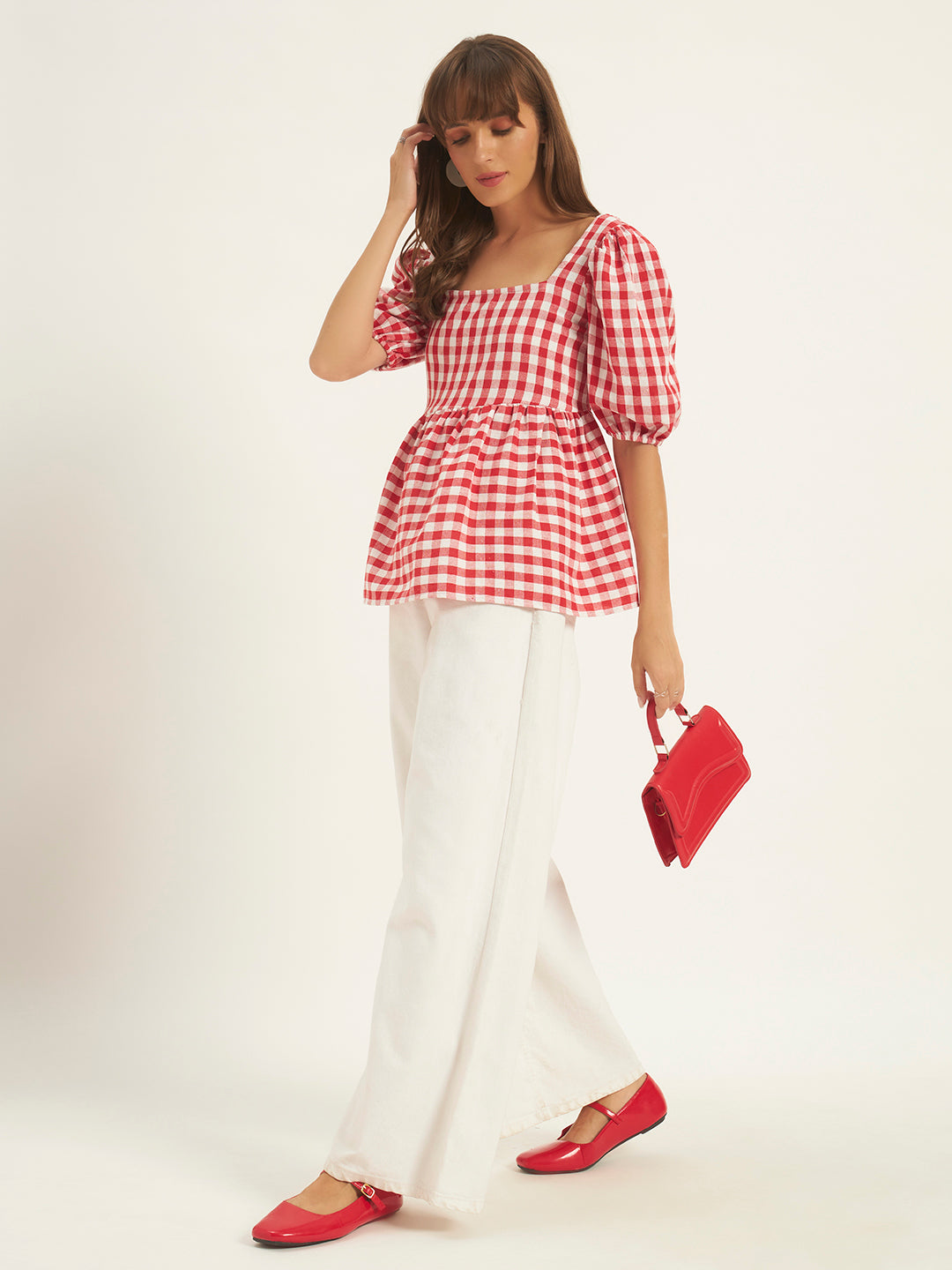 Women Red & White Checks Square Neck Top