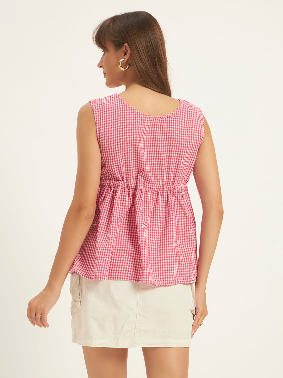 Women Checks Pink Printed Tie-Up Top