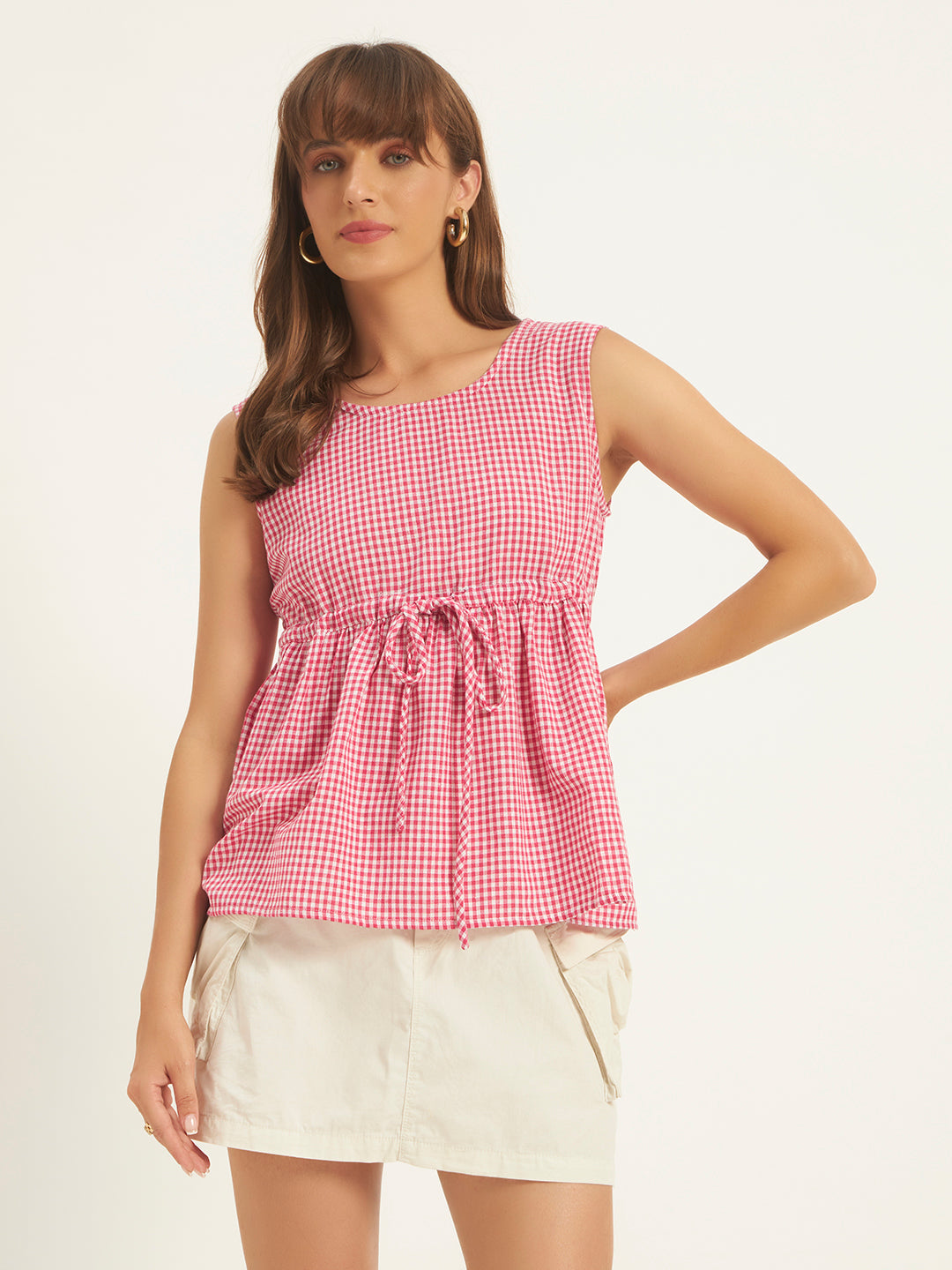 Women Checks Pink Printed Tie-Up Top