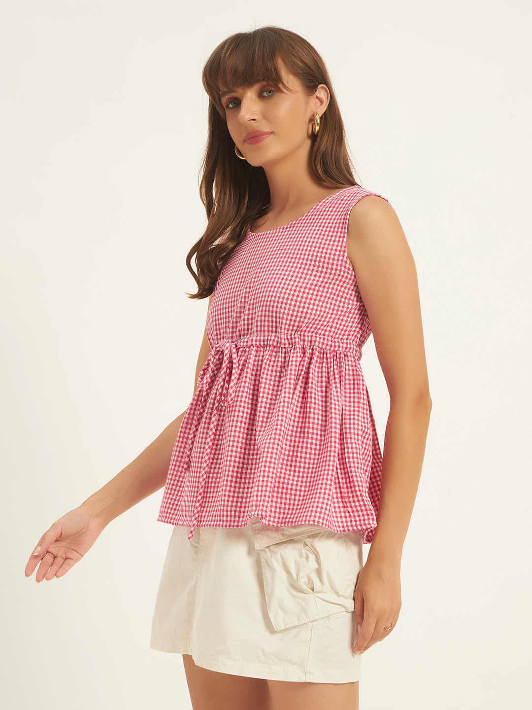 Women Checks Pink Printed Tie-Up Top