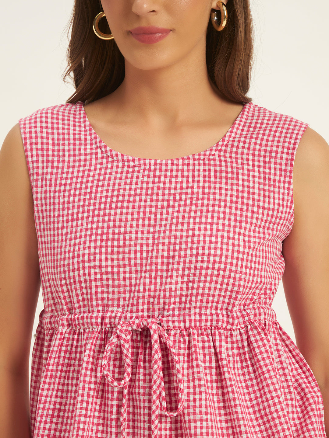 Women Checks Pink Printed Tie-Up Top