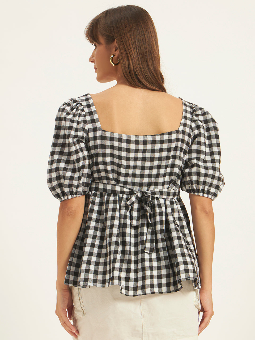 Women Black & White Checks Square Neck Top