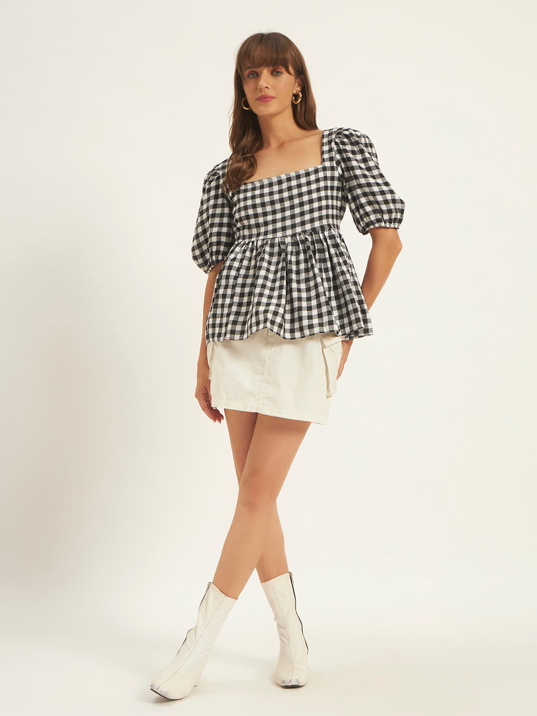 Women Black & White Checks Square Neck Top