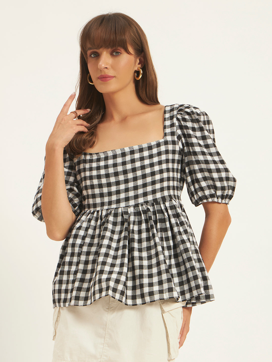 Women Black & White Checks Square Neck Top