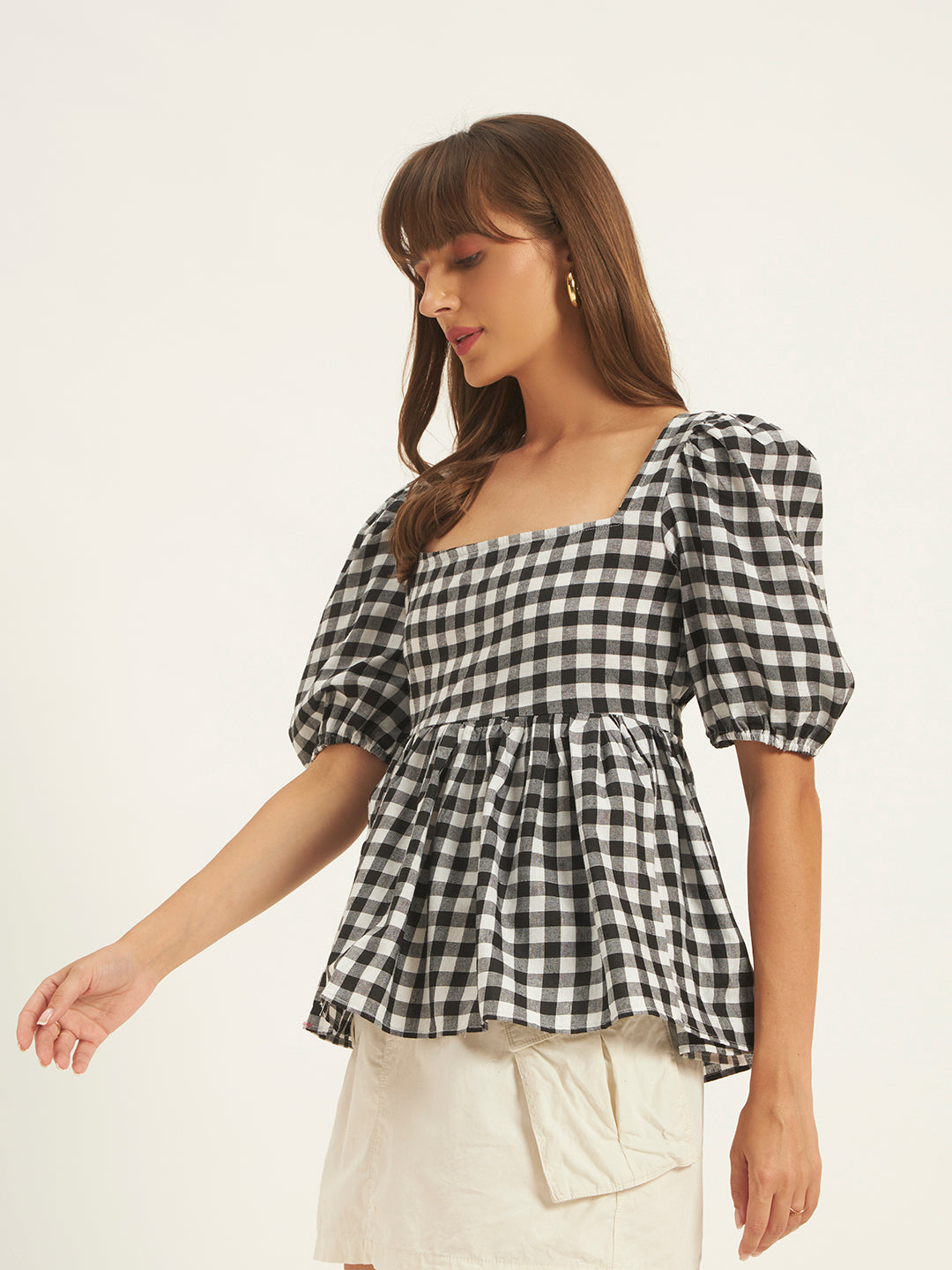 Women Black & White Checks Square Neck Top