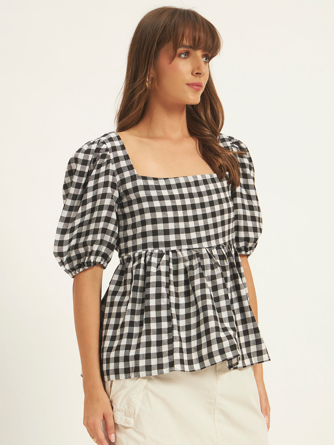 Women Black & White Checks Square Neck Top