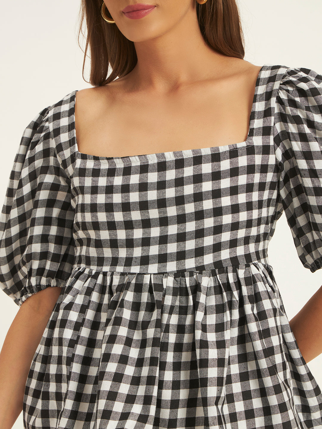 Women Black & White Checks Square Neck Top
