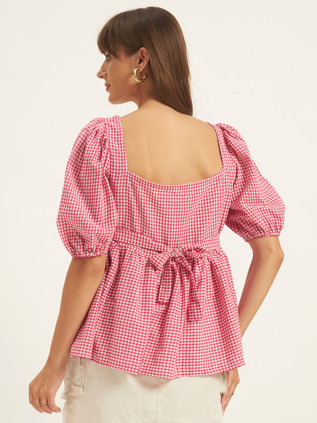 Women Pink & White Checks Square Neck Top
