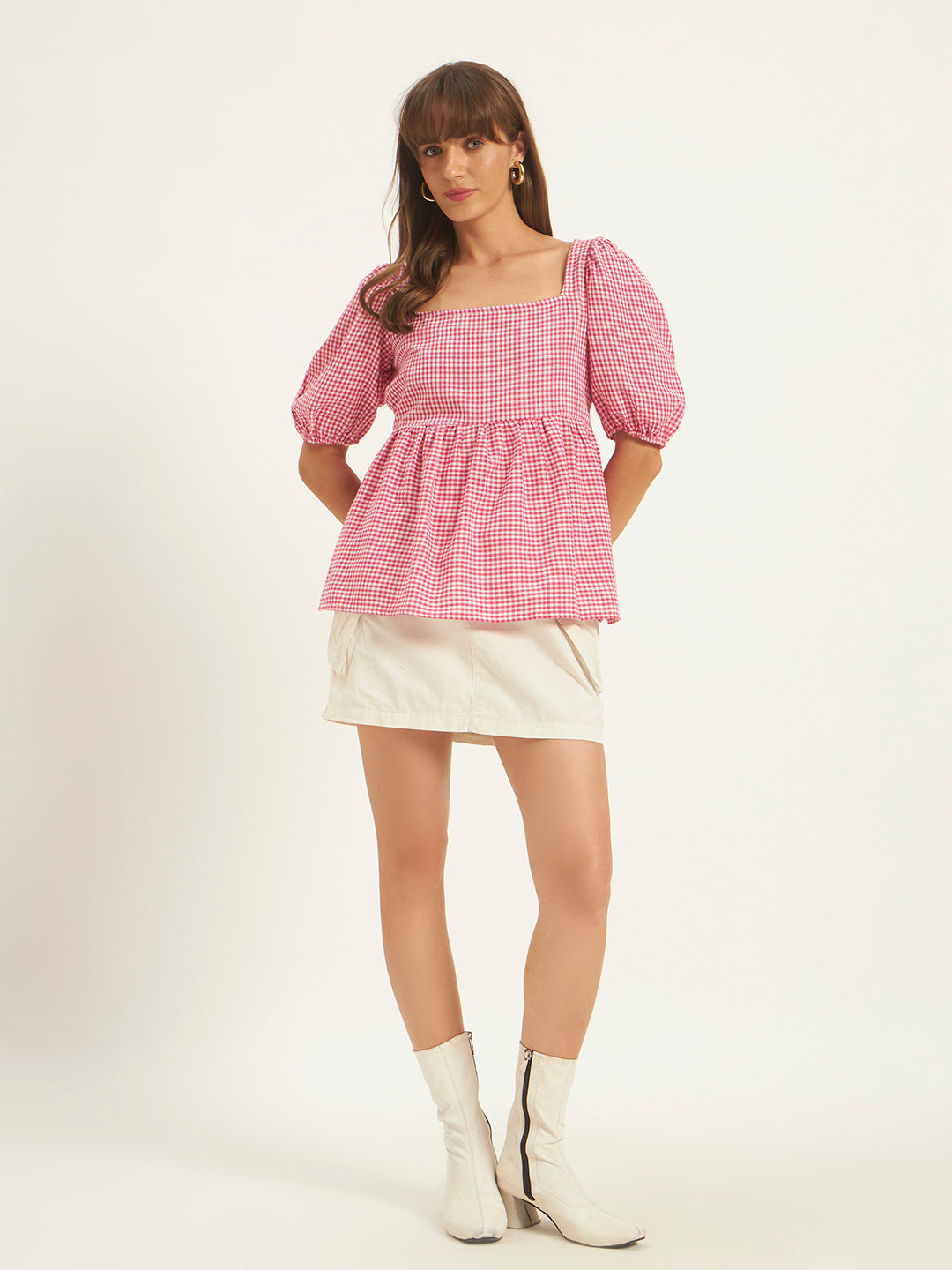 Women Pink & White Checks Square Neck Top