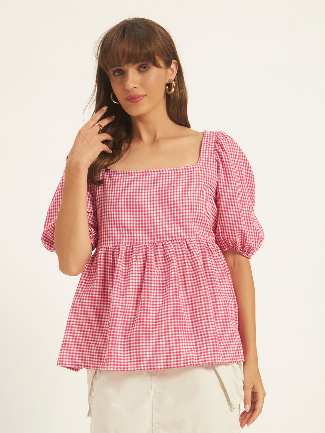 Women Pink & White Checks Square Neck Top