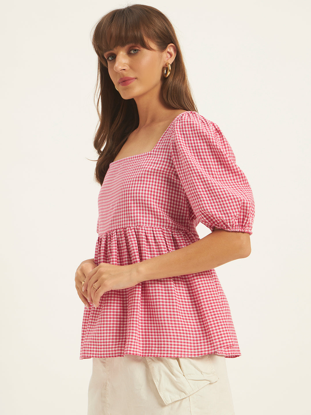 Women Pink & White Checks Square Neck Top