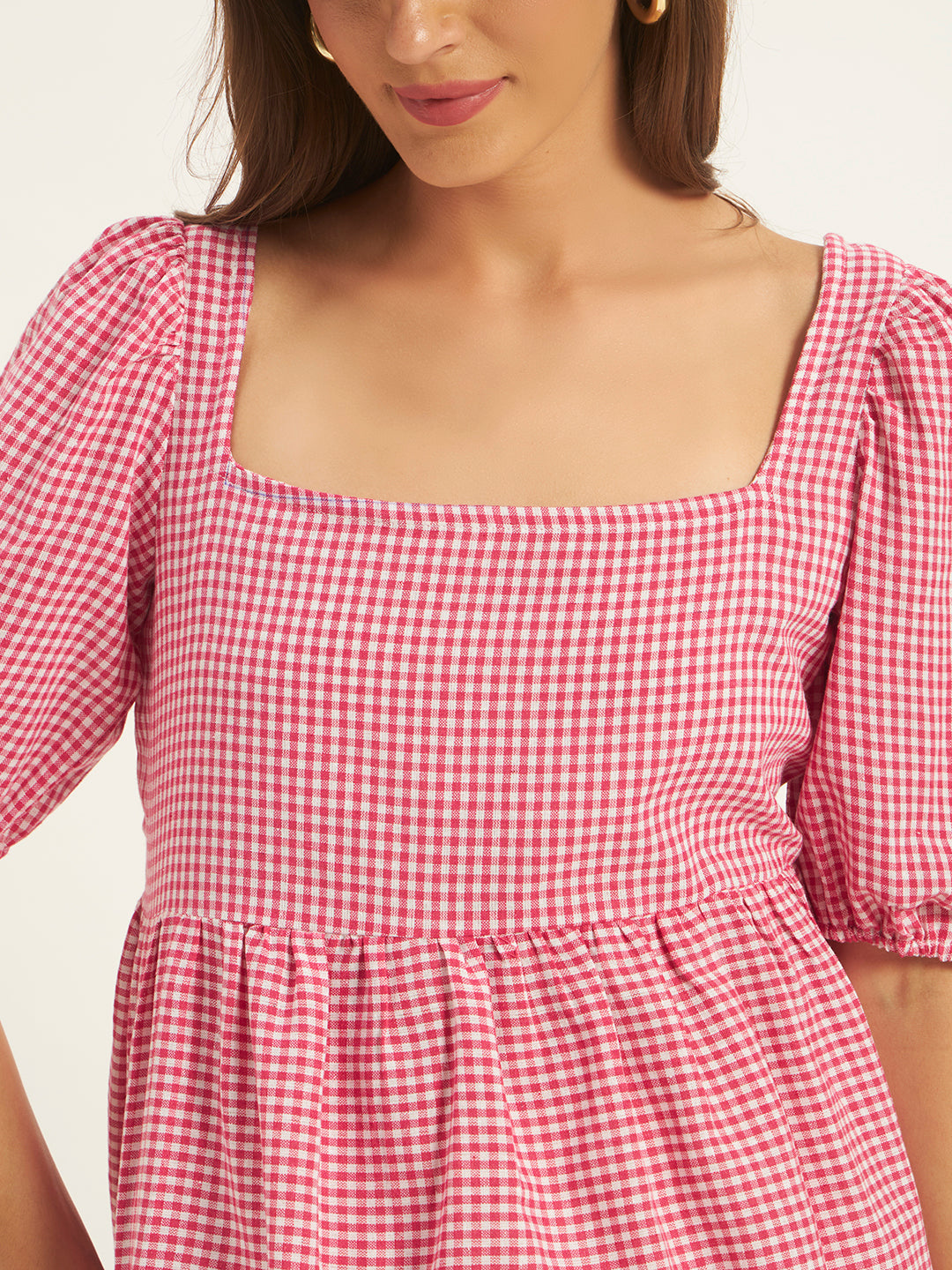 Women Pink & White Checks Square Neck Top