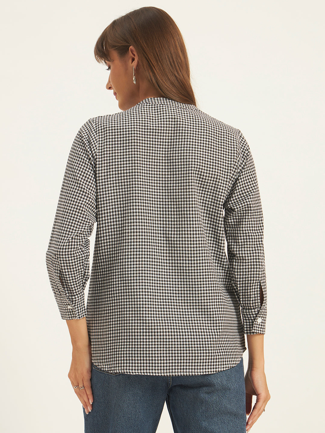 Women Black& White Checks Mandarin collar Shirt Top