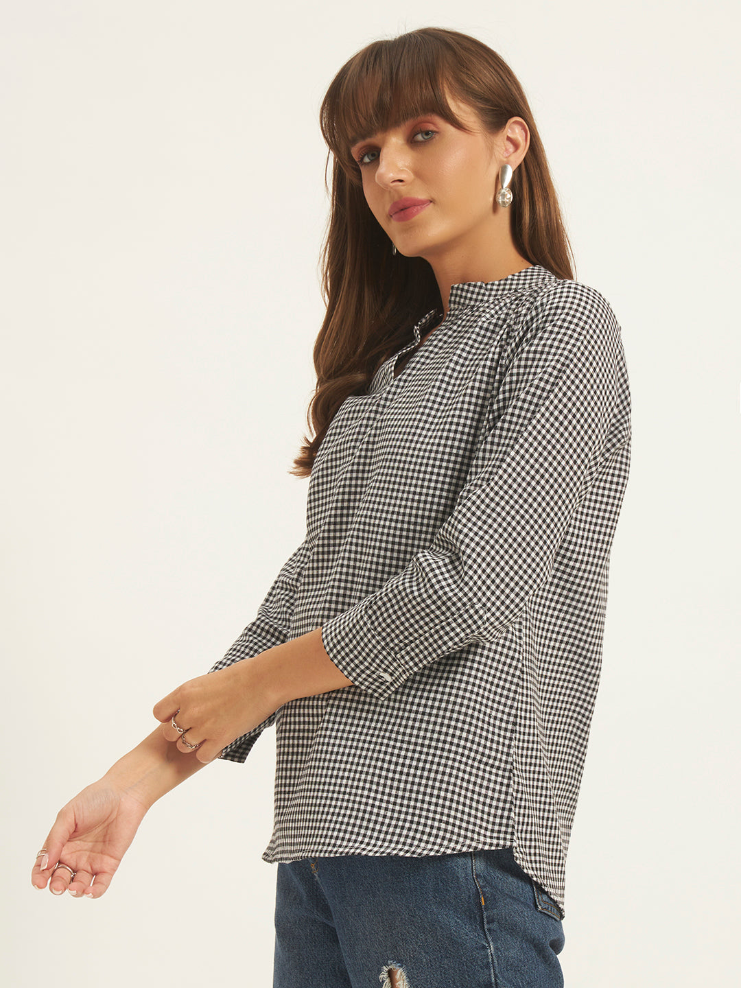 Women Black& White Checks Mandarin collar Shirt Top