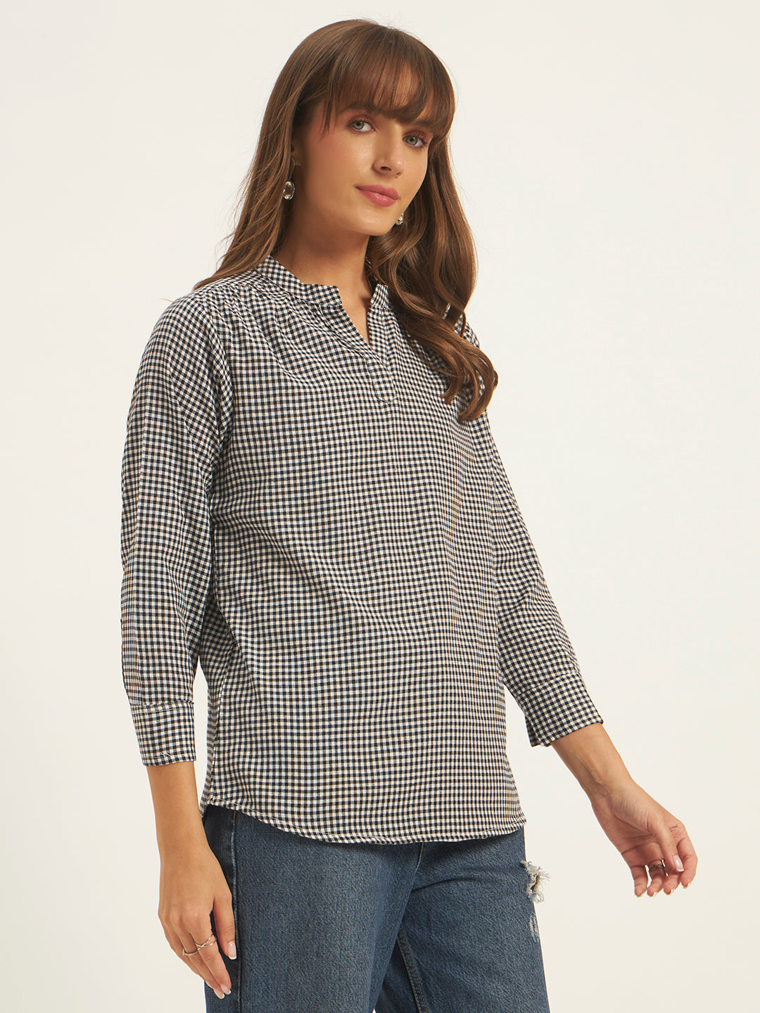 Women Black& White Checks Mandarin collar Shirt Top