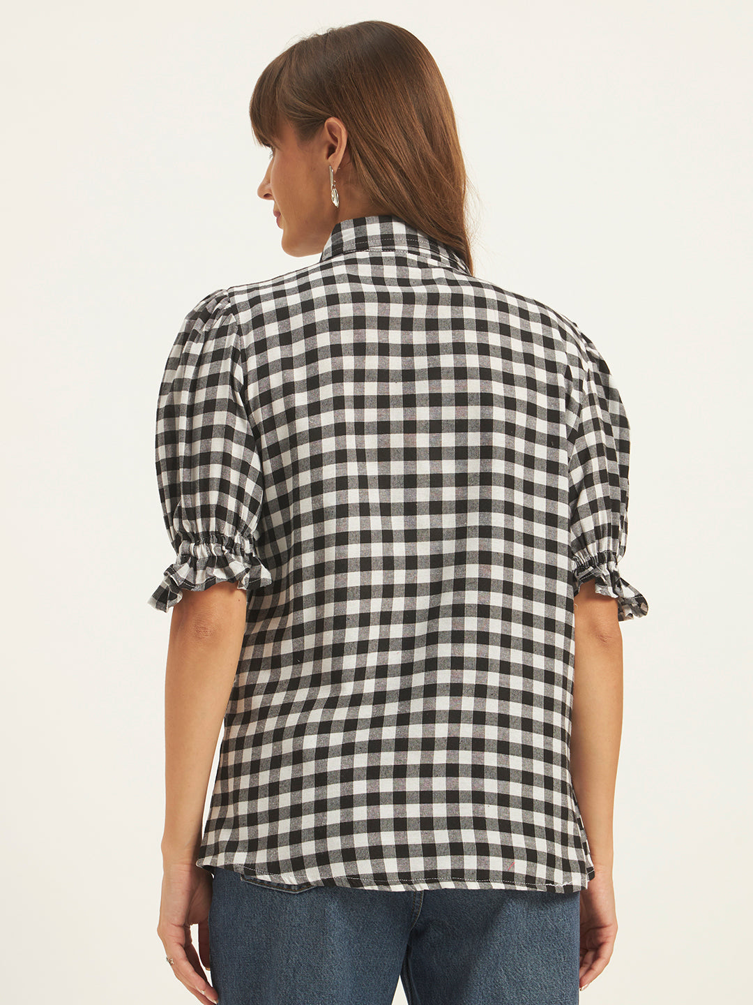 Women Black & White Checks Shirt Top