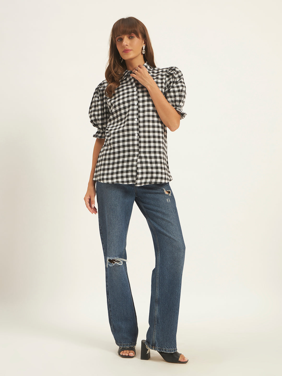 Women Black & White Checks Shirt Top