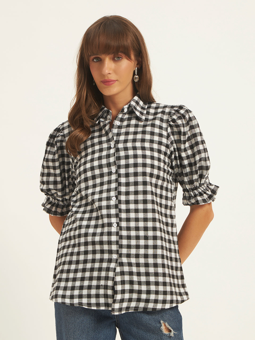 Women Black & White Checks Shirt Top