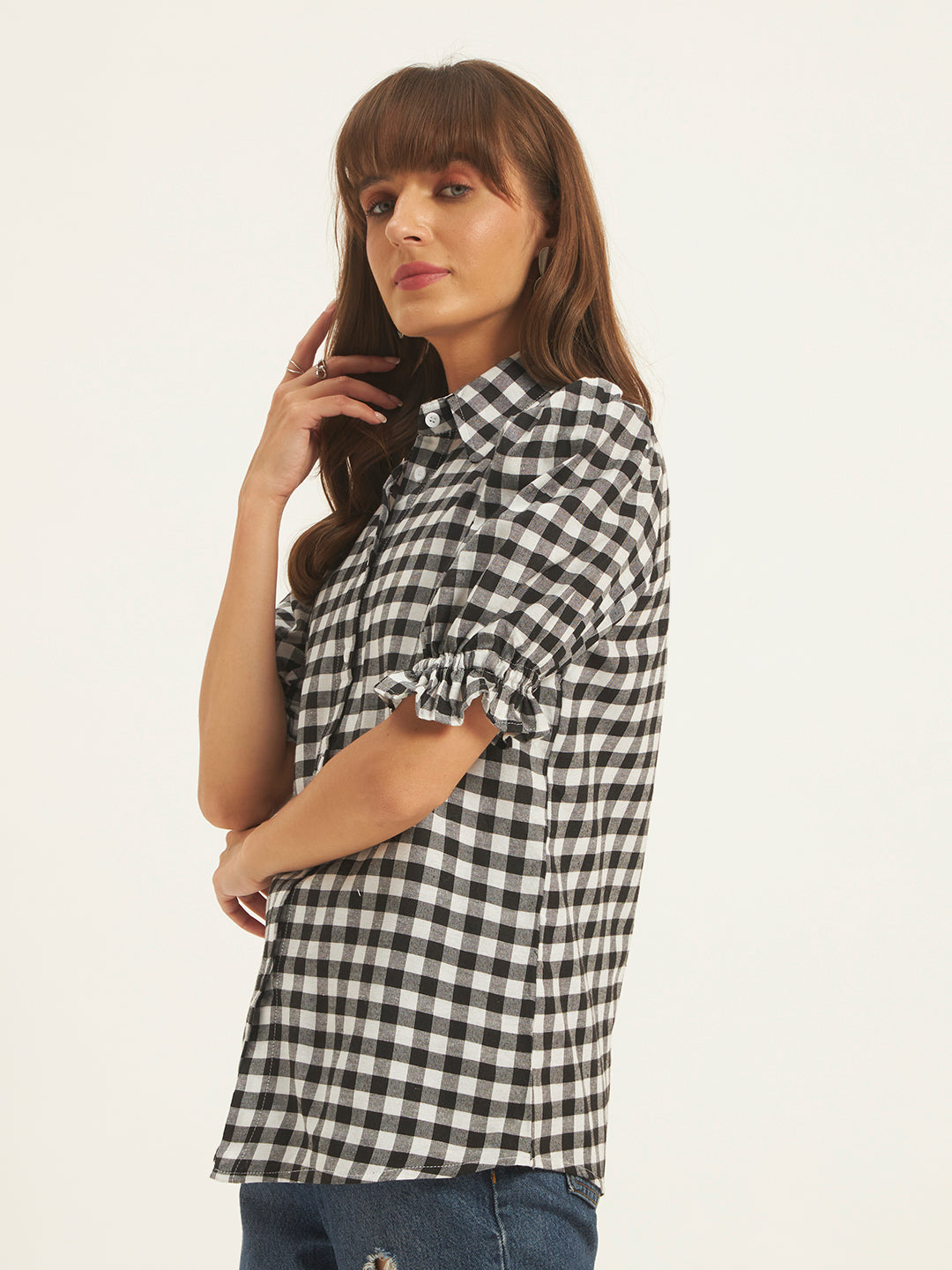 Women Black & White Checks Shirt Top