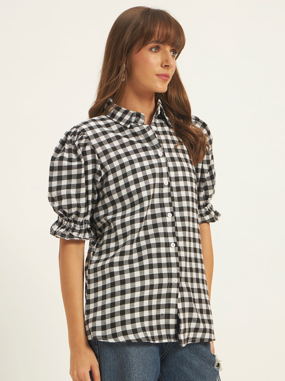 Women Black & White Checks Shirt Top