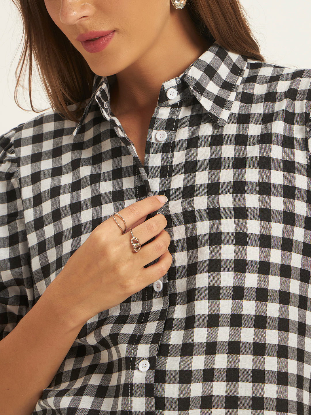 Women Black & White Checks Shirt Top