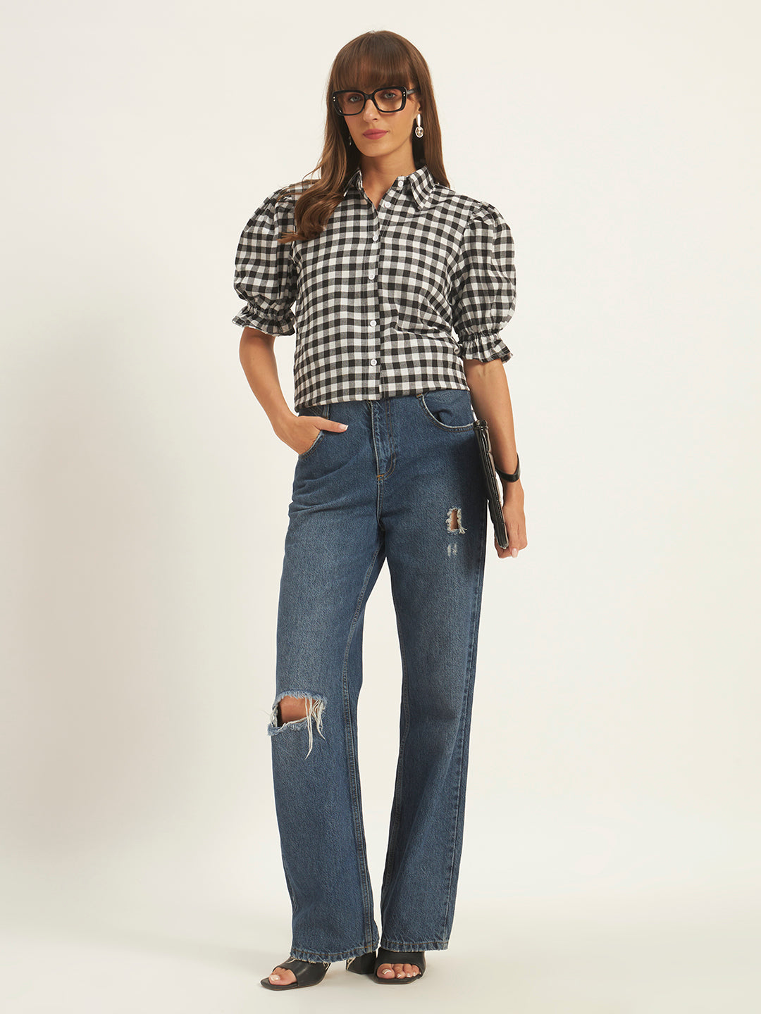Women Black & White Checks Shirt Top