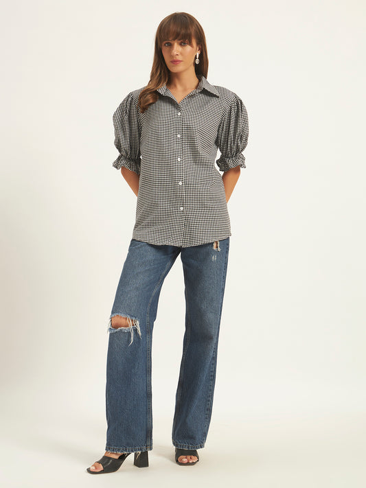 Women Checks Black Printed Top