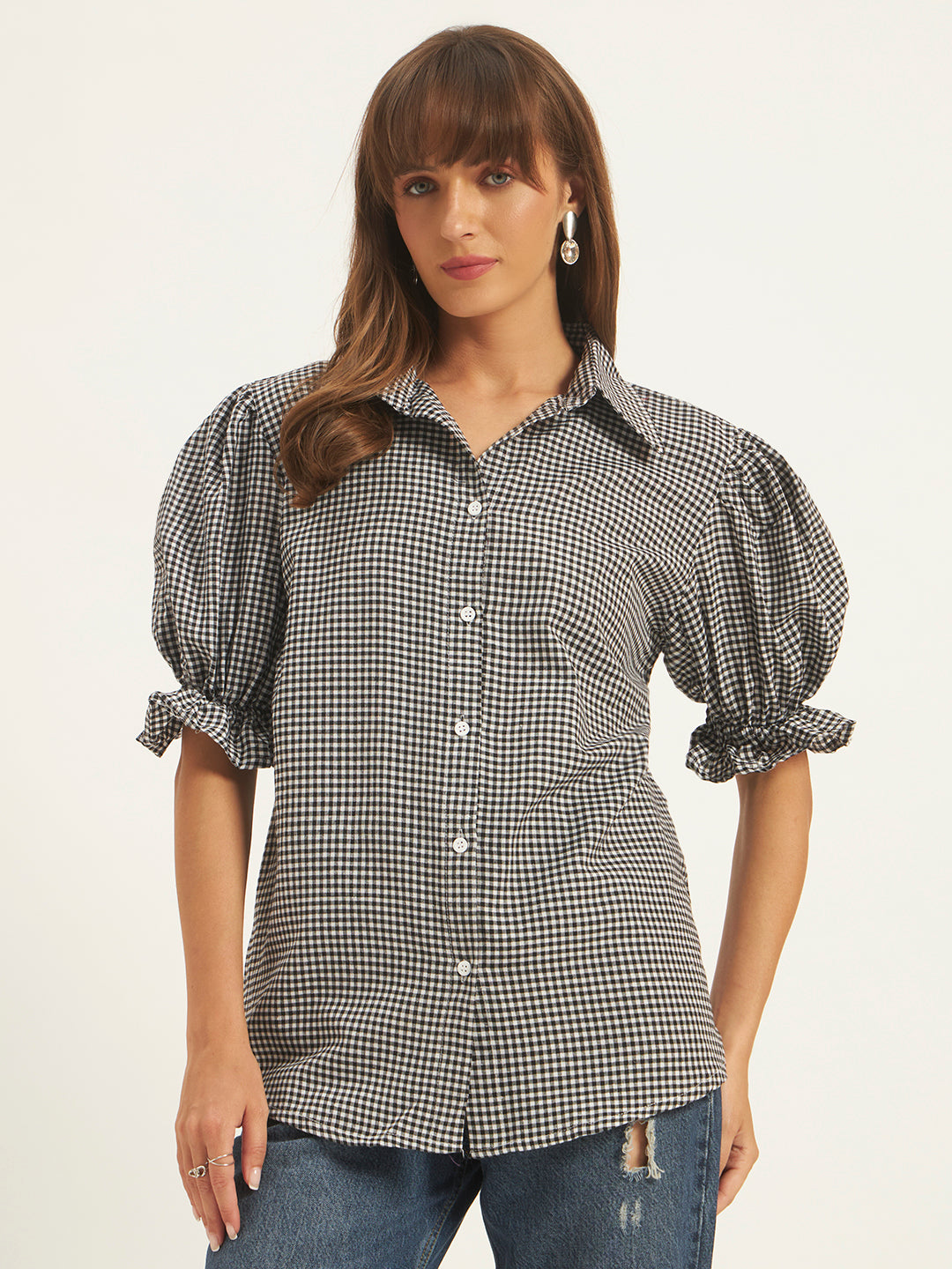 Women Checks Black Printed Top