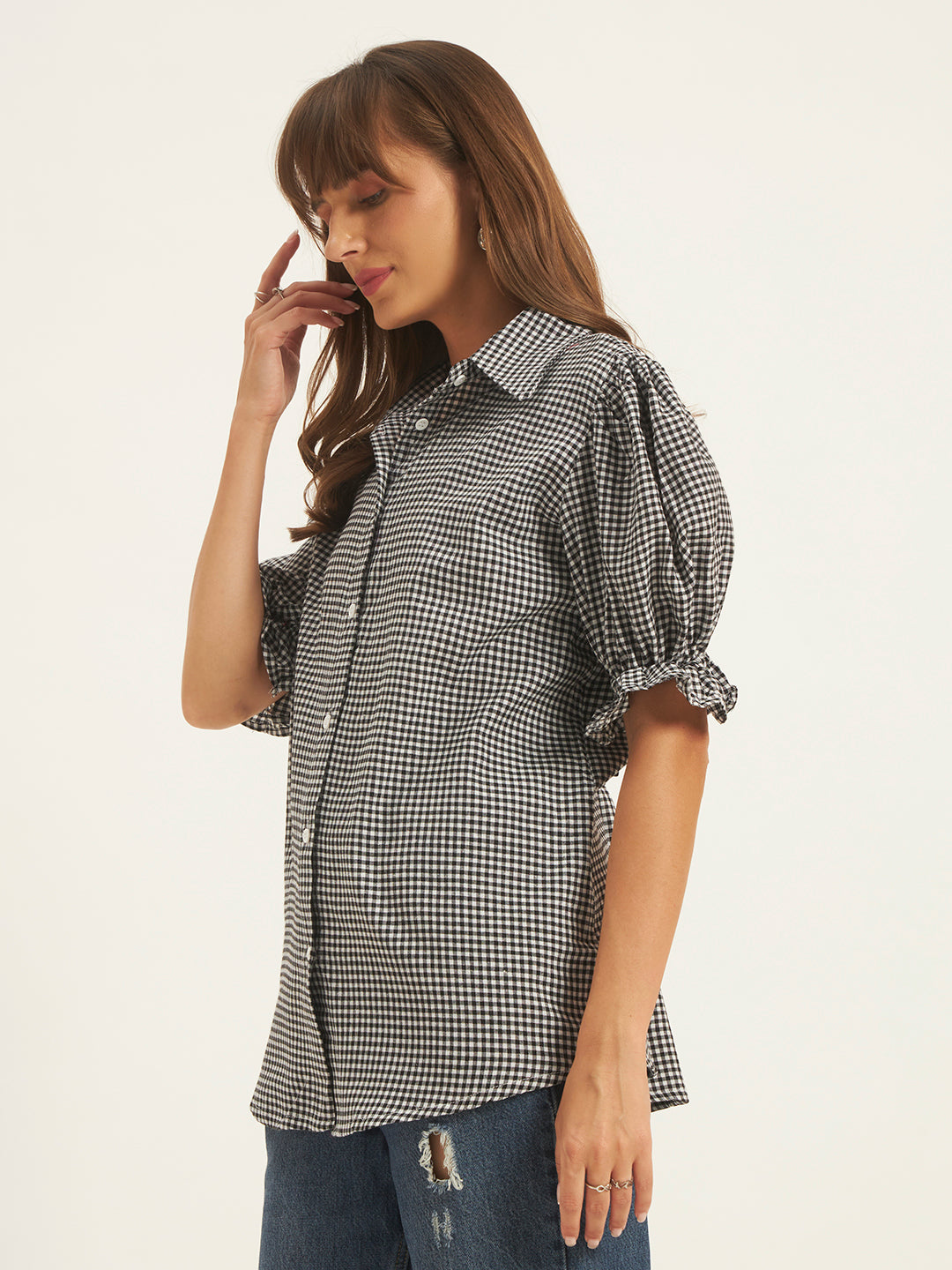 Women Checks Black Printed Top