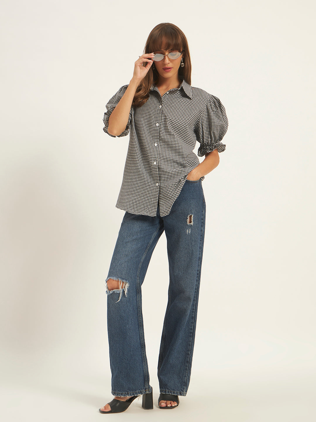 Women Checks Black Printed Top