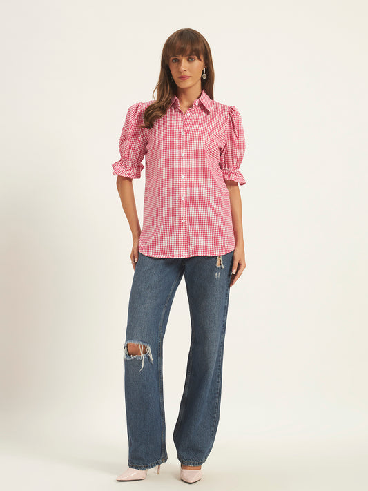 Women Pink & White Checks Shirt Top