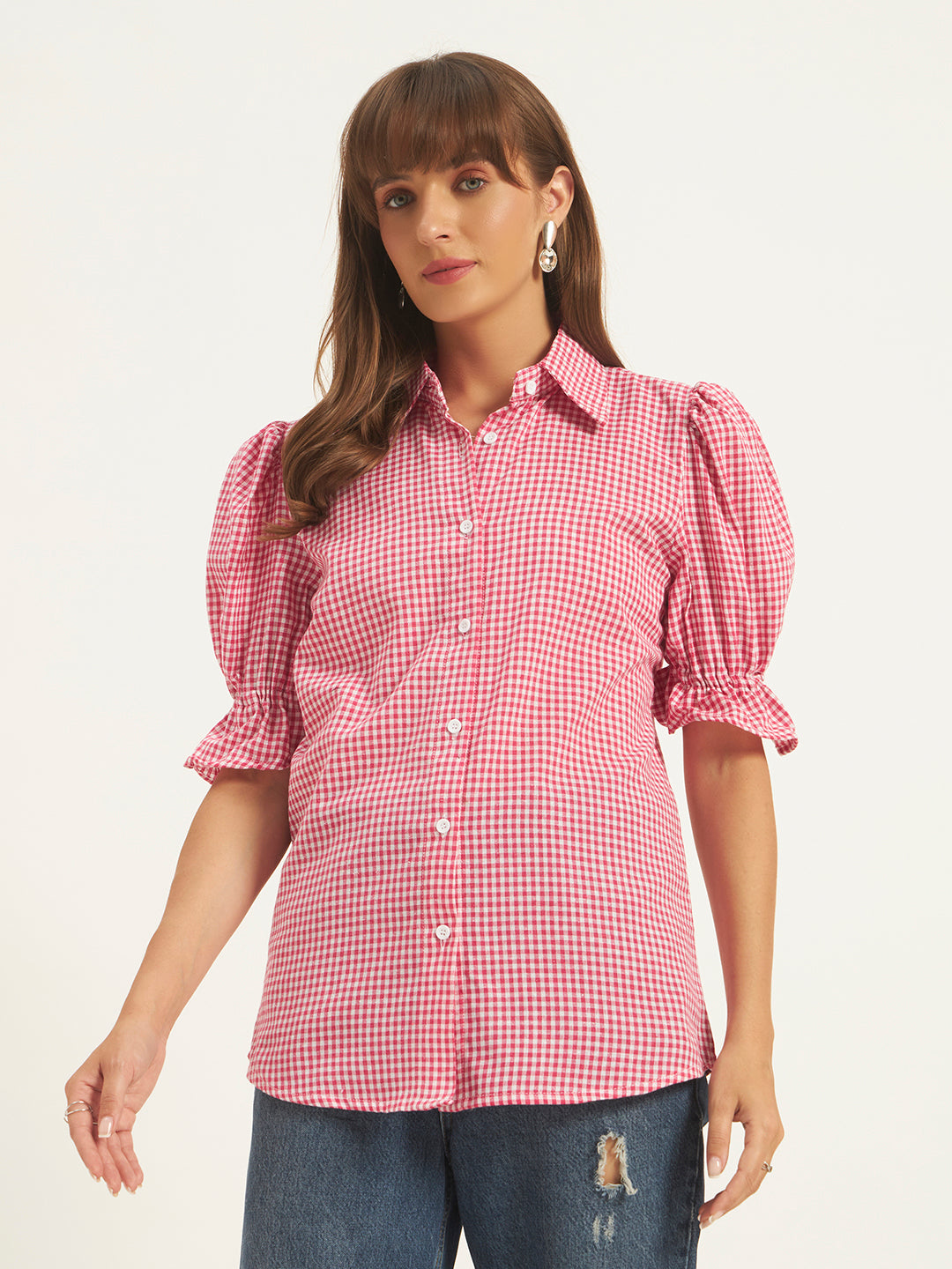 Women Pink & White Checks Shirt Top