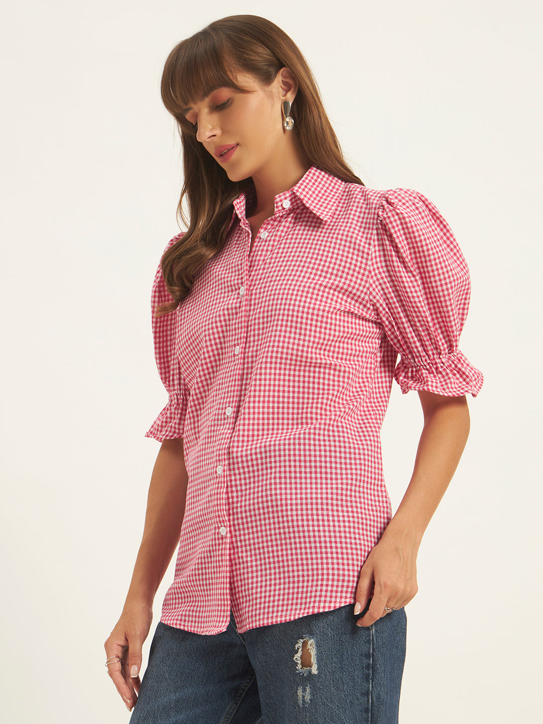 Women Pink & White Checks Shirt Top
