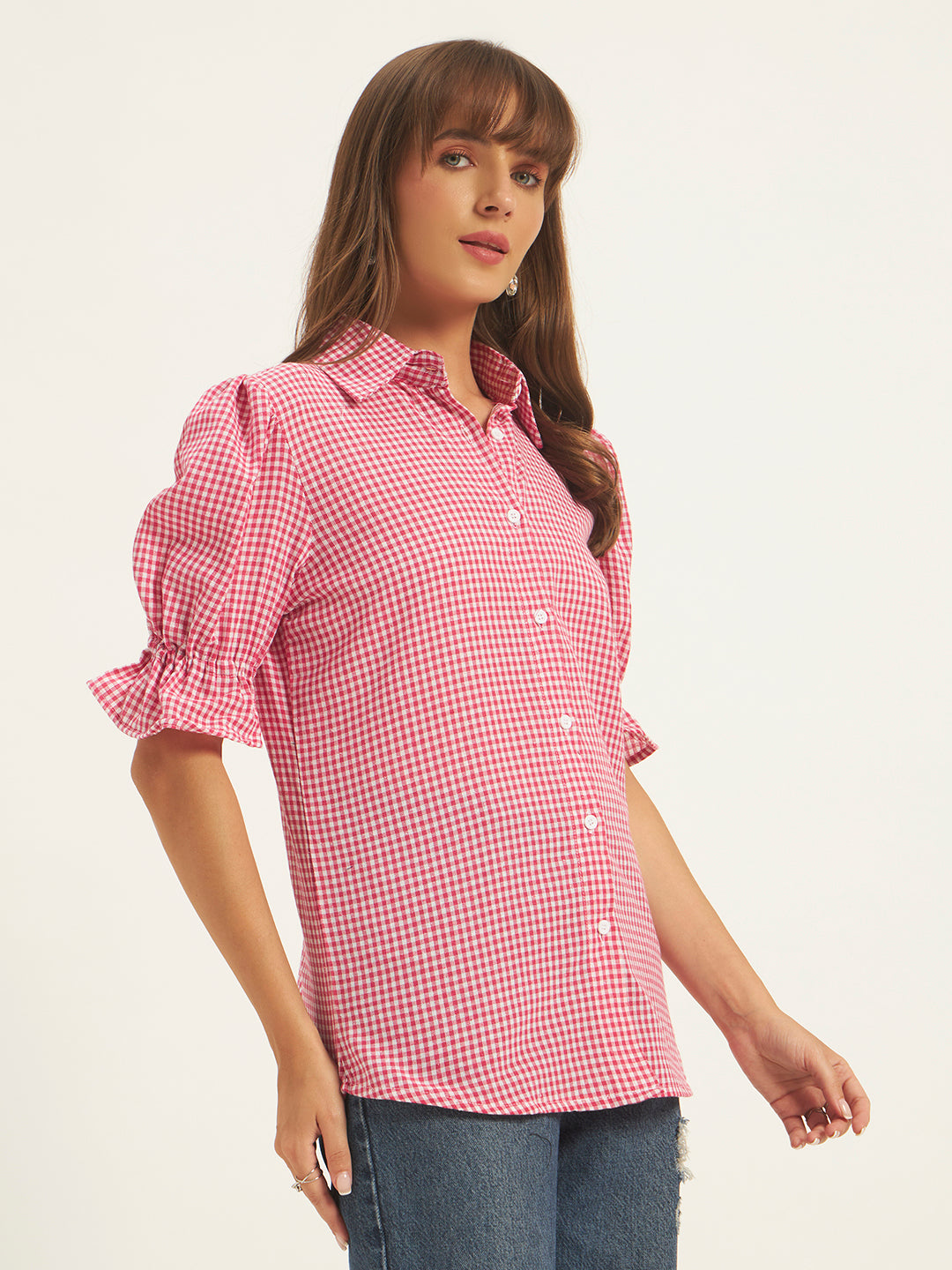 Women Pink & White Checks Shirt Top