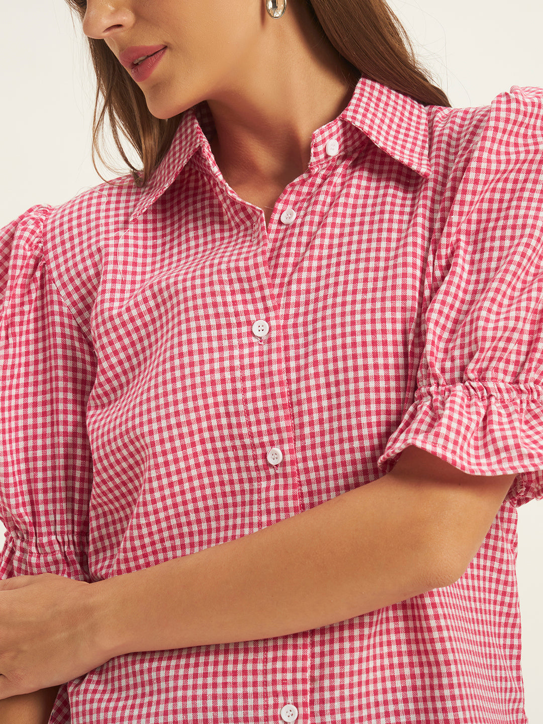 Women Pink & White Checks Shirt Top