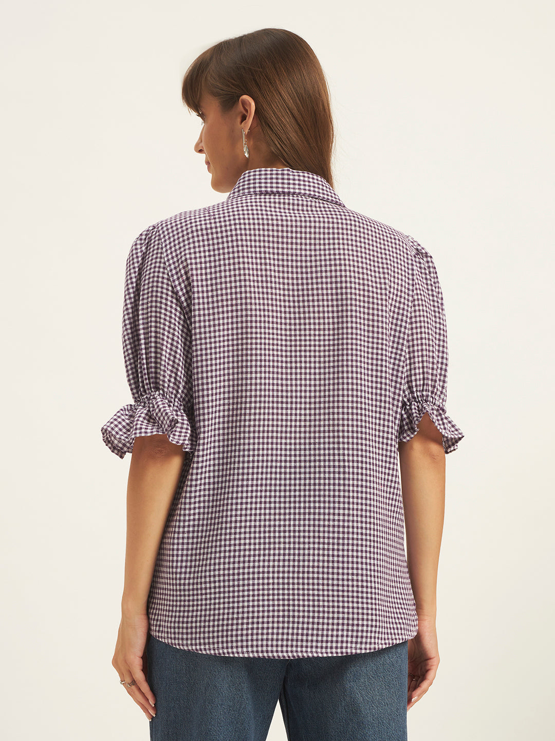 Women Purple & White Checks Shirt Top