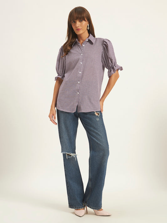 Women Purple & White Checks Shirt Top