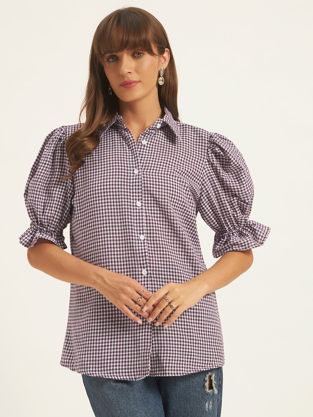 Women Purple & White Checks Shirt Top