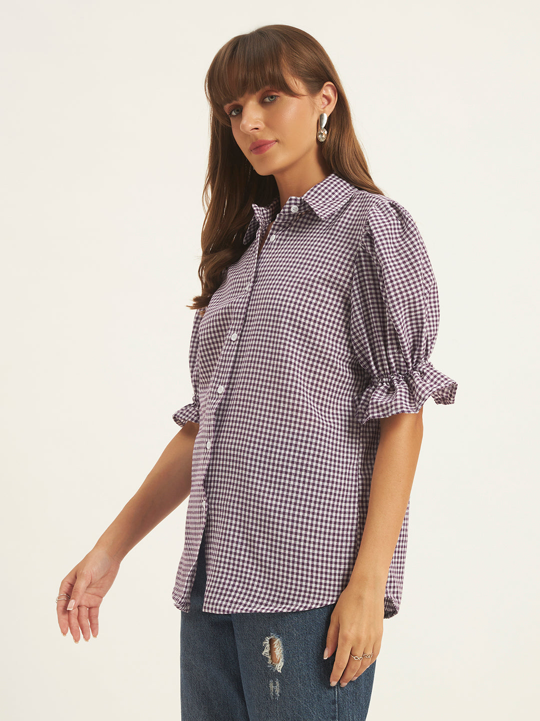 Women Purple & White Checks Shirt Top
