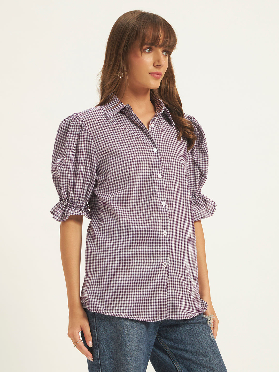 Women Purple & White Checks Shirt Top