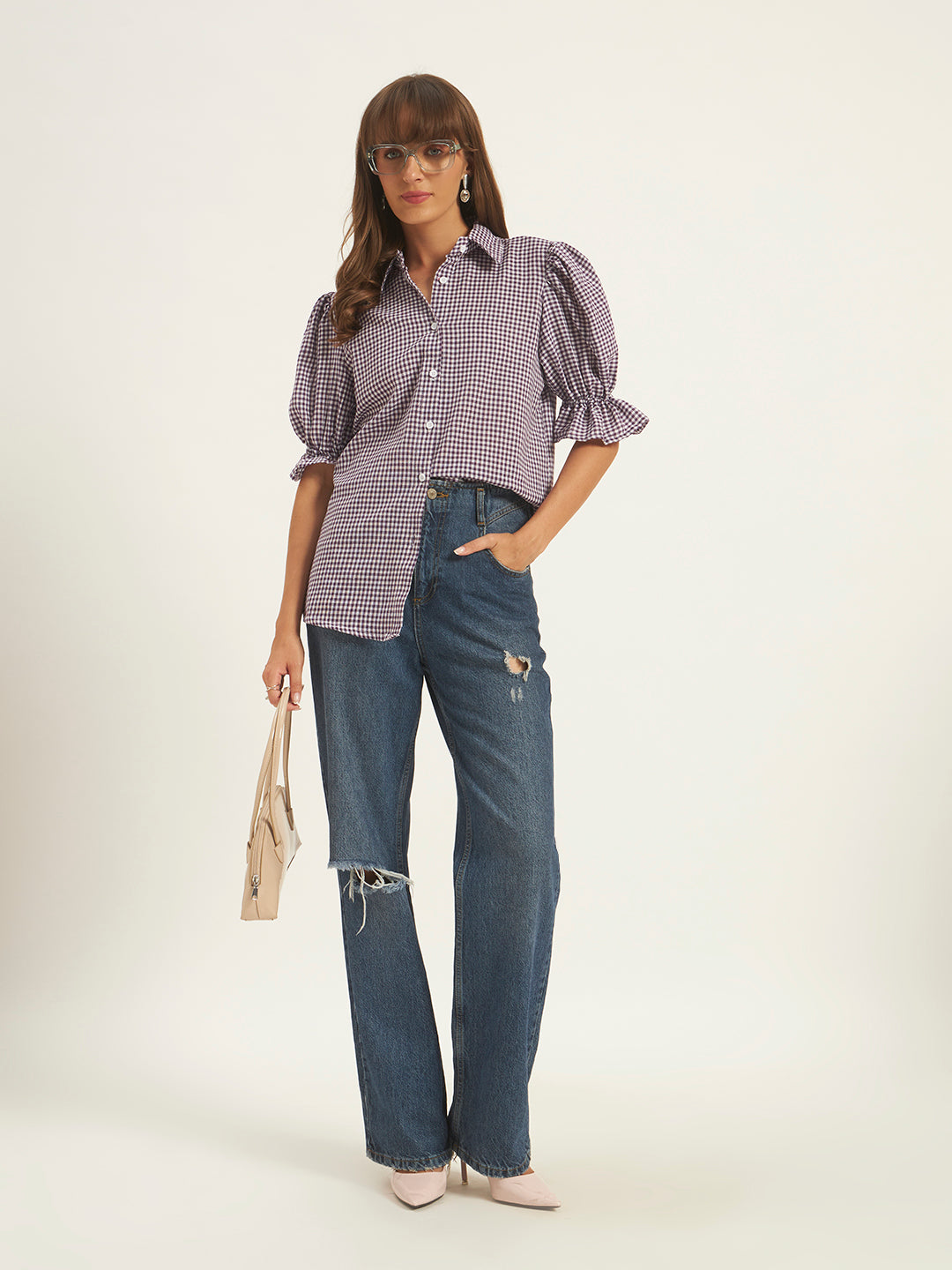 Women Purple & White Checks Shirt Top