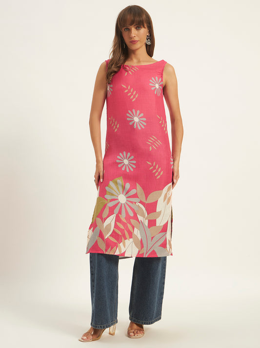 Women Floral Printed Straight Boat neck Kurta