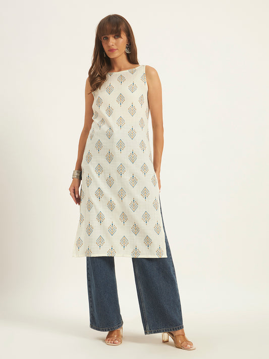 Women Floral Printed Straight Boat neck Kurta