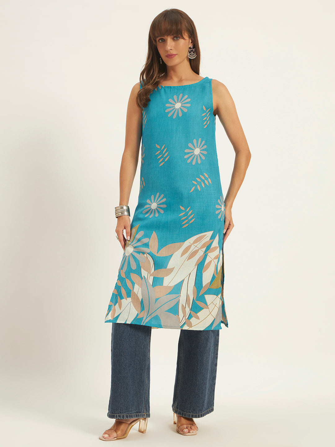 Women Floral Printed Straight Boat neck Kurta