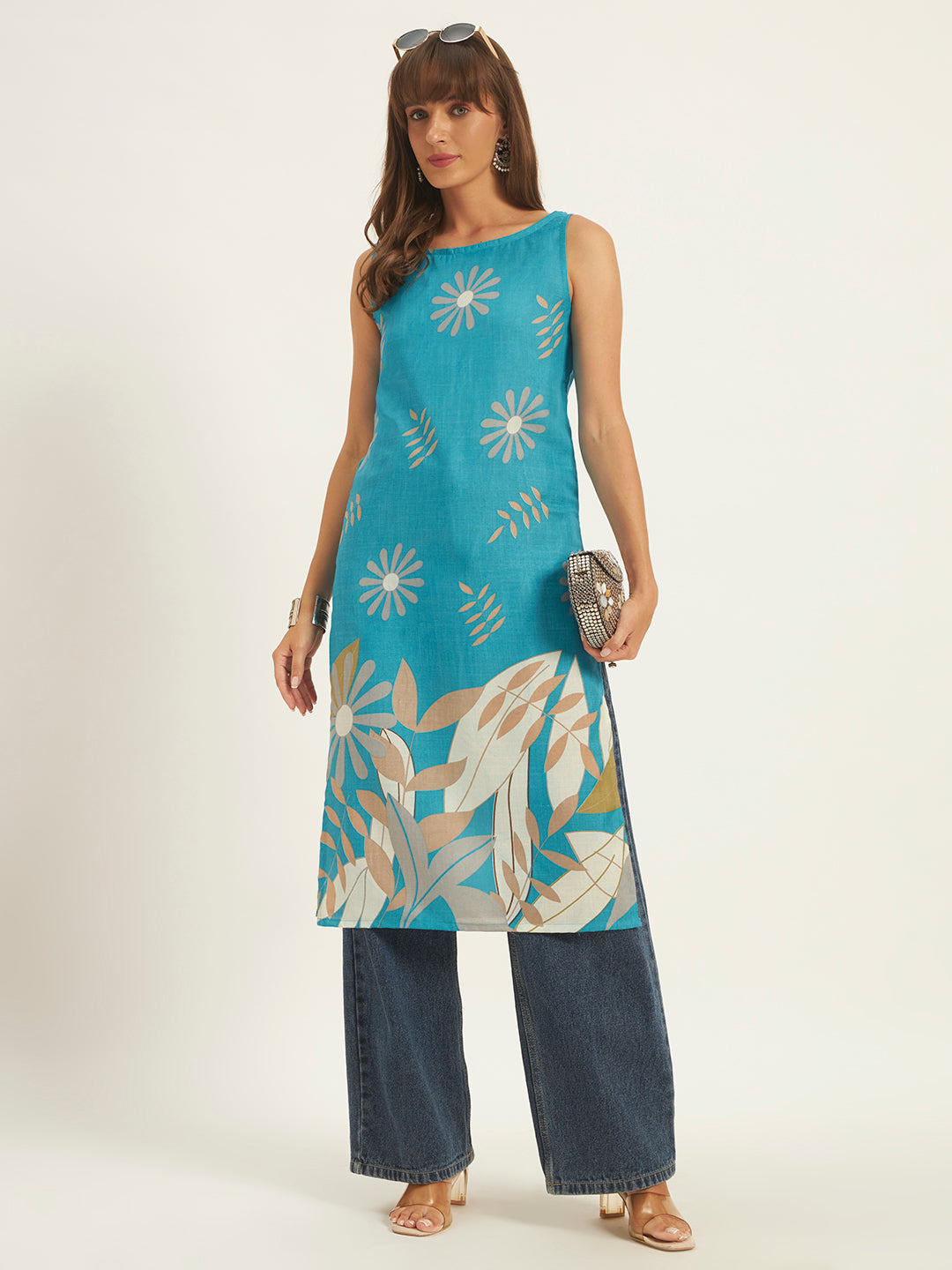 Women Floral Printed Straight Boat neck Kurta