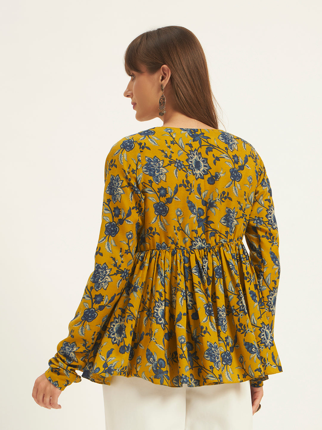 Women Floral Printed Mustard Tunic Top