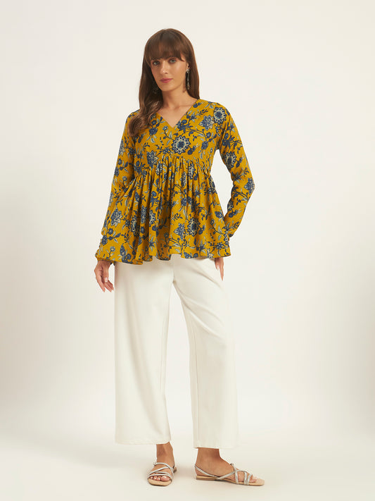 Women Floral Printed Mustard Tunic Top