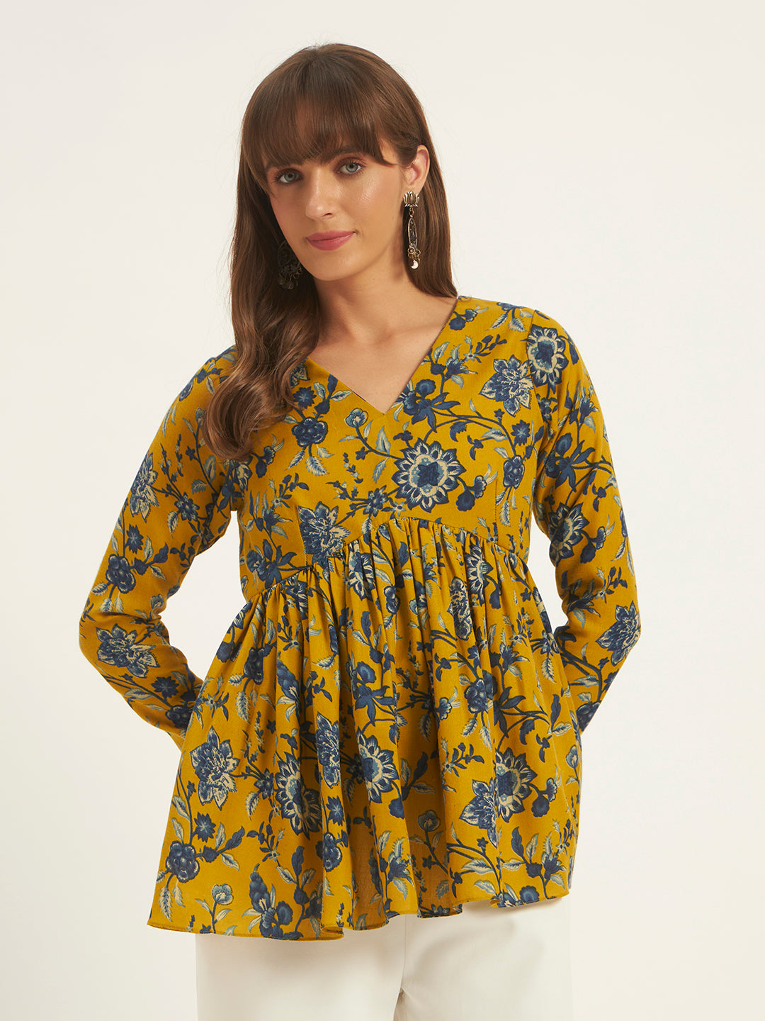 Women Floral Printed Mustard Tunic Top